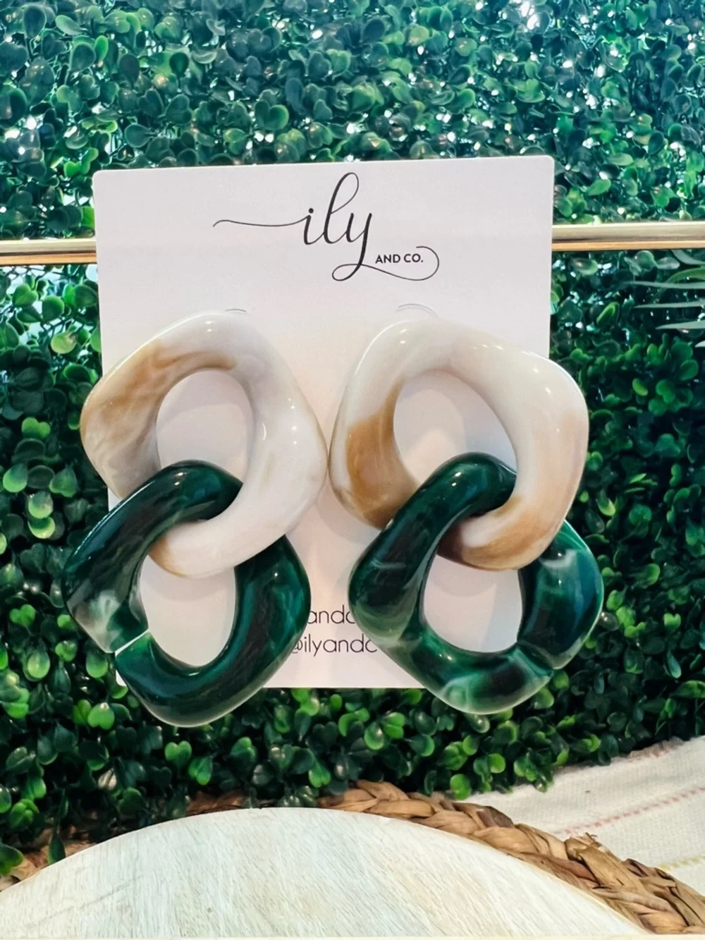 New Chunky Linked Resin Earrings in Cream and Forest Green | Lightweight